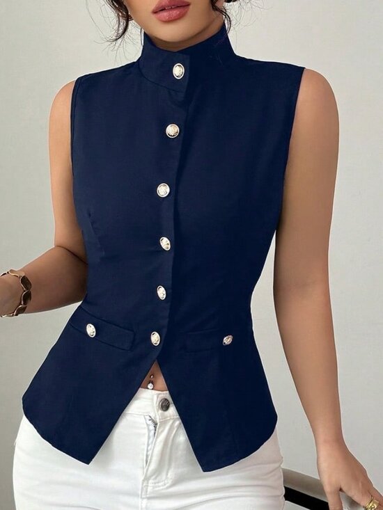 Royal Blue Elegant Women's Sleeveless High Neck Front Vest - Picture 7 of 7